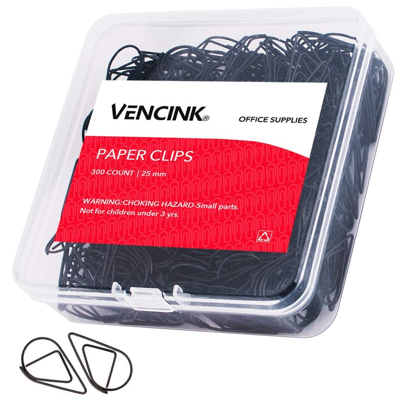 VENCINK Black Cute Paper Clips, VENCINK 300 Pieces Smooth Stainless Steel Drop-Shaped Wire Small Paperclips for Office Supplies Wedding Women Girls Kids Students Paper Document Organizing (1 inch) - Image 1